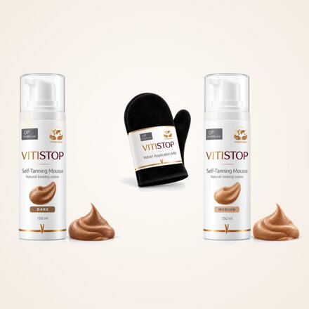 Vitistop samoopaľovacia pena a Velvet aplikačná rukavica na kamufláž vitiliga